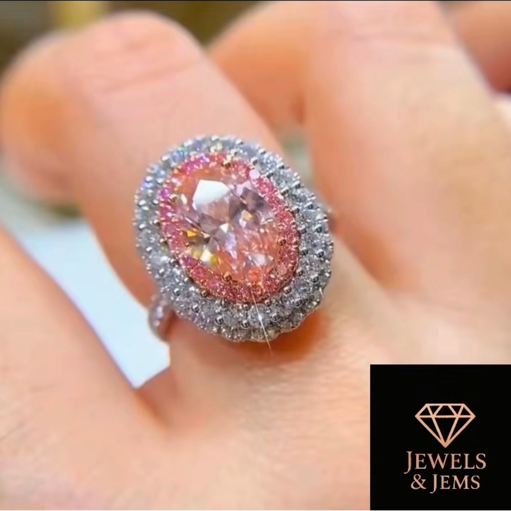 Pink and Silver Double Halo Cocktail Moissanite Ring